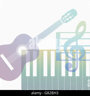 Digital composite image of colorful guitar and piano keys with treble clef against white background Stock Photo