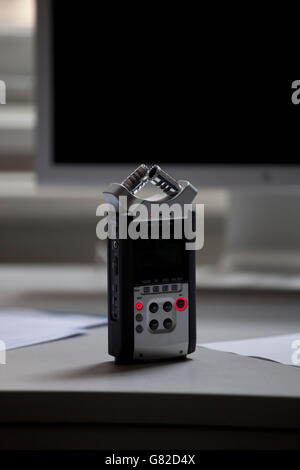 Close-up of audio recorder on table Stock Photo