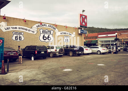 Williams, Arizona, USA June 10, 2016: route 66 sign on Williams, a town known as a gateway to the Grand Canyon and for historic Stock Photo