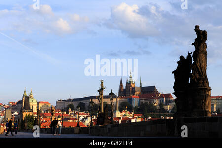 Prague castle seen from Charles bridge in the early morning. Stock Photo
