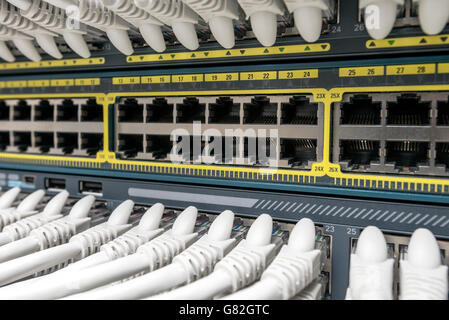 Network Gigabit Smart Switch with network cables installed in the rack Stock Photo