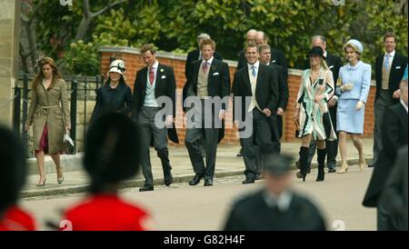 Prince William (Centre L) and Prince Harry (Centre R) arrive with other members of the Royal Family at Windsor Castle after the civil wedding between the Prince of Wales and Camilla, the Duchess of Cornwall. Stock Photo