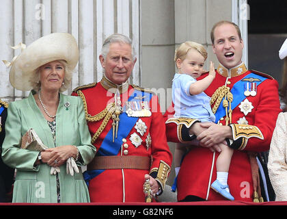 (left-right) the Duchess of Cornwall, the Prince of Wales, Prince George and the Duke and Duchess of Cambridge on the balcony at Buckingham Palace following Trooping the Colour at Horse Guards Parade, London. Stock Photo