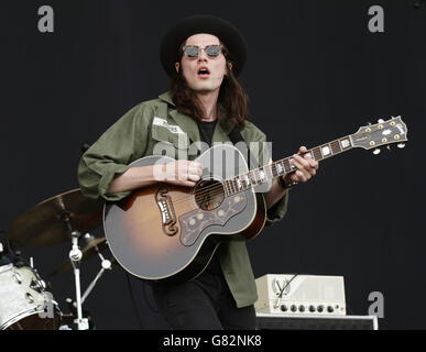James Bay performing on the Main Stage at the Isle of Wight Festival, in Seaclose Park, Newport, Isle of Wight. Stock Photo