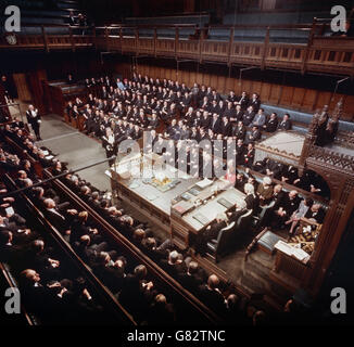 Government front-benchers are seen waiting awaiting the summons to the House of Lords for the State Opening Ceremony. (l-r) Edward Short, Roy Jenkins, Arthur Bottomley, George Brown, Harold Wilson, James Callaghan, Denis Healey, William Ross, Frank Cousins, and Fred Peart. It was the first time that TV and Press cameras were allowed into the House of Commons. Stock Photo