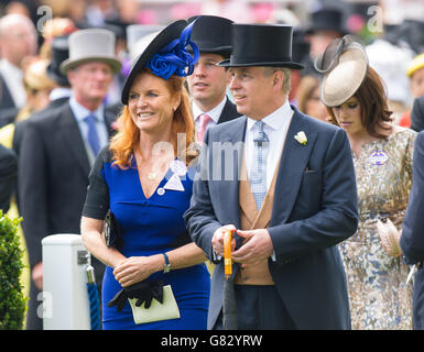 Sarah Ferguson (left) and Prince Andrew, Duke of York during day four of the 2015 Royal Ascot Meeting at Ascot Racecourse, Berkshire. Stock Photo