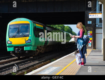 A Southern rail train at Honor Oak Park station, in London. Stock Photo