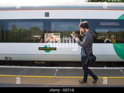 A Southern rail train at Honor Oak Park station, in London. Stock Photo