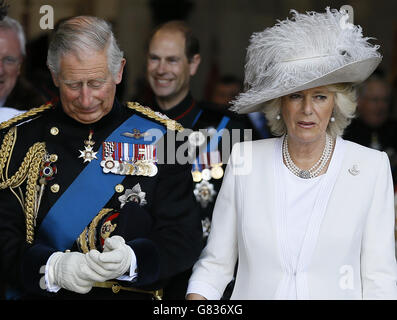 The Prince of Wales and the Duchess of Cornwall leave after a memorial service for the 200th anniversary of the Battle of Waterloo at St Paul's Cathedral in London. Stock Photo