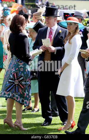 Princess Eugenie, Prince Andrew, Duke of York and Princess Beatrice during Ladies Day, on day three of the 2015 Royal Ascot Meeting at Ascot Racecourse, Berkshire. Stock Photo