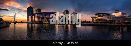 Panorama, media city, Salford Quays, Greater Manchester,  at sunset Stock Photo