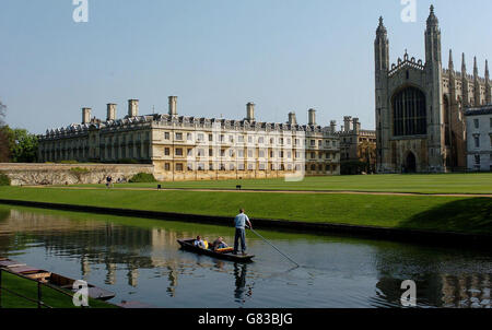 Cambridge University's Kings college chapel and Clare college. A punt makes its way along the River Cam.