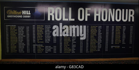 Greyhound Racing - William Hill Derby - Finals - Wimbledon Stadium. The William Hill's Greyhound Derby Roll of Honour board at Wimbledon Stadium listing all the winner of the race since 1927 Stock Photo