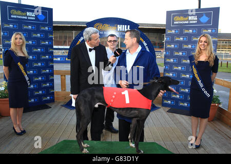 Sky Sports interview trainer Steve Gammon (centre) with dog Jetstream Reason after victory in William Hill Champion Hurdle Final with William Hill logo in view Stock Photo