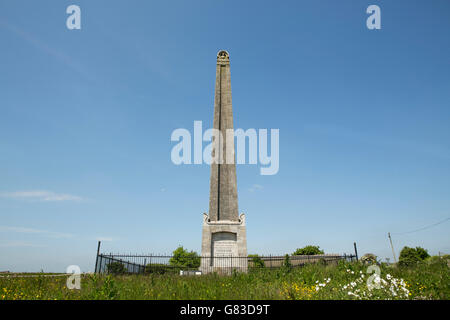 The Nelson monument on top of Portsdown Hill outside Portsmouth in Hampshire England. Spring flowers in front of the fenced area. Stock Photo