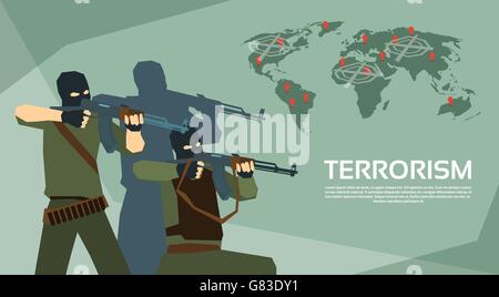Armed Terrorist Group Over World Map Terrorism Concept Stock Vector