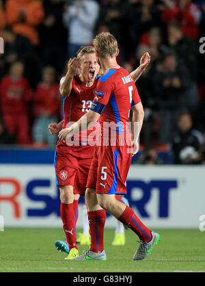 Czech Republic's Ladislav Krejci (13) celebrates scoring his team's first goal of the match with team-mate Jakub Brabec (5) Stock Photo