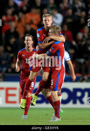 Czech Republic's Ladislav Krejci (13) celebrates scoring his team's first goal of the match with team-mate Jakub Brabec (5) Stock Photo