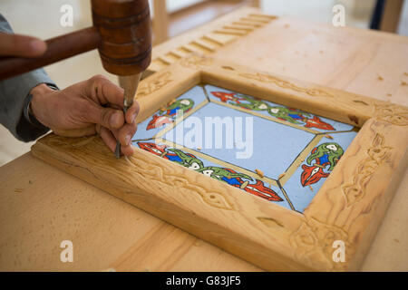 Students practice in woodworking class at the Institute of Traditional Arts in Fez, Morocco. Stock Photo