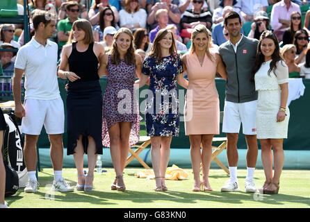 France's Richard Gasquet (left) and Serbia's Novak Djokovic (2nd right) pose with members fo the Great Britain women's hockey team after their match during day three of The Boodles at Stoke Park, Buckinghamshire. Stock Photo