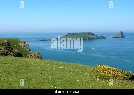 One of the top 10 beaches of the world the views over Rhossili Bay and Worm's Head are outstanding Stock Photo