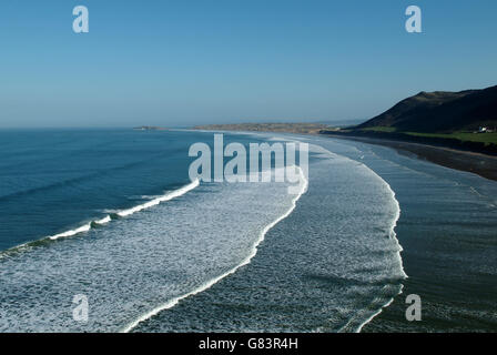 One of the top 10 beaches of the world, the views over Rhossili Bay and Worm's Head on Gower, UK are outstanding Stock Photo