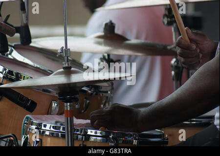Drums being played for the Sensational Royal Lights Gospel group Stock Photo