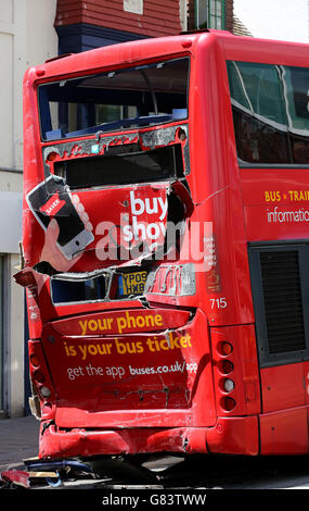 One of the buses involved in a bus crash in Brighton, East Sussex, which has left two people with life-threatening injuries and three others seriously hurt. Stock Photo