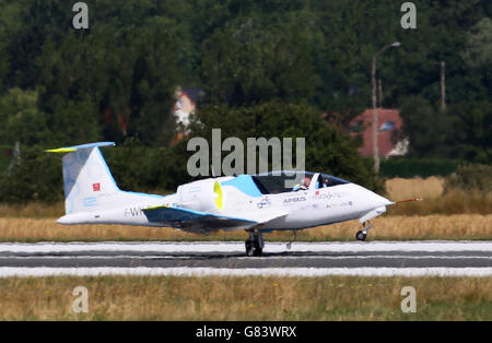 EDS NOTE: HEAT HAZE Pilot Didier Esteyne lands the E-Fan electrically powered plane in Calais, France, following his successful crossing of The Channel from Lydd Airport in Kent. Stock Photo