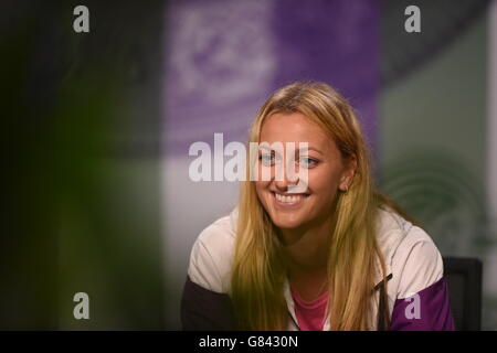 Czech Republic's Petra Kvitova gives a press conference in the Main Interview Room during a preview day for the Wimbledon Championships at the All England Lawn Tennis and Croquet Club, Wimbledon. Photo credit should read: Florian Eisele/AELTC/POOL/PA Wire. RESTRICTIONS: No commercial use without prior written consent of the AELTC. Still image use only - no moving images to emulate broadcast. No superimposing or removal of sponsor/ad logos. Stock Photo