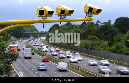 General view of three SPECS Average Speed cameras in position on the M3 motorway in Hampshire Stock Photo