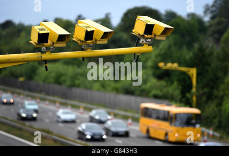General view of three SPECS Average Speed cameras in position on the M3 motorway in Hampshire Stock Photo