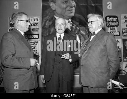 Socialist Party chiefs Morgan Phillips, Clement Attlee and Herbert Morrison stand in front of a campaign poster at Transport House as they discuss Labour's defeat in the General Election. Stock Photo