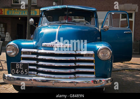 MEDEMBLIK, THE NETHERLANDS - JULY 27,2014: Front view of a Blue Chevrolet pick up 1952 on a oldtimer show Stock Photo