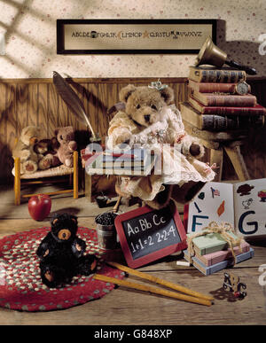 Studio still life teddy bear school setting Stock Photo