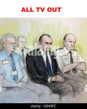 Timothy Crook case. TV OUT Court artist drawing by Elizabeth Cook of Timothy Crook (centre) in the Dock at Bristol Crown court. Stock Photo
