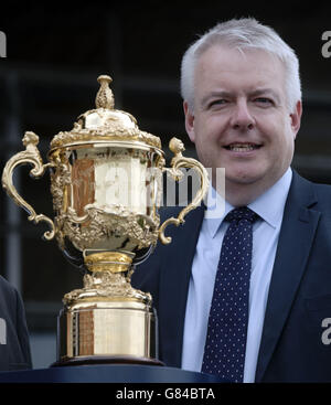 The Webb Ellis Cup at The Senedd, Cardiff with Carwyn Jones AM, the First Minister for Wales during part of the 100 day Rugby World Cup Trophy Tour of the UK and Ireland. Stock Photo