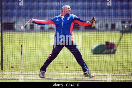 England head coach Trevor Bayliss during the nets session ahead of the First Investec Ashes Test at the SWALEC Stadium, Cardiff. Stock Photo