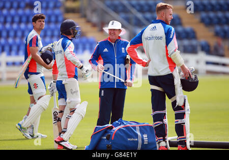 England head coach Trevor Bayliss during the nets session ahead of the First Investec Ashes Test at the SWALEC Stadium, Cardiff. Stock Photo