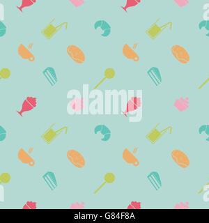 Sweet seamless pattern. Party food and deserts: ice cream, juice, croissant, lollipop, cupcake, popsicle, chocolate, milkshake, donut, pie, cake, coffee, cappuccino. Vector seamless background flat Stock Vector