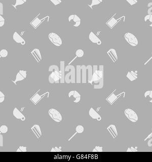 Sweet seamless pattern. Party food and deserts: ice cream, juice, croissant, lollipop, cupcake, popsicle, chocolate, milkshake, donut, pie, cake, coffee, cappuccino. Vector seamless background flat Stock Vector