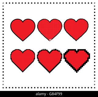 Pixel art hearts. Different pixel size: big pixel heart, small pixel heart. Motion graphics element. Editable pixel hearts. Gaming design. Isolated illustration of hearts from pixel to stroke. Vector. Stock Vector