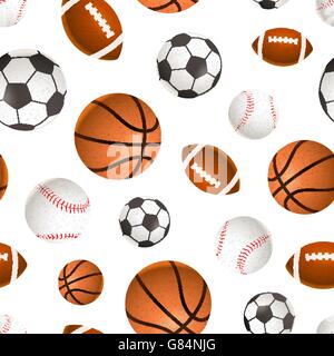 Sport balls for soccer, basketball, baseball and rugby on white, seamless pattern Stock Vector