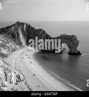 Aerial view of the limestone arch of Durdle Door, featuring dramatic ...