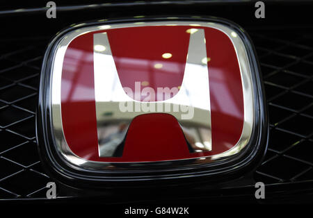 General view of a Honda badge on the front of the new Civic Type R at Honda of the UK Manufacturing Ltd's factory in Swindon Stock Photo