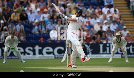 England batsman Stuart Broad scores four runs during the First Investec Ashes Test at the SWALEC Stadium, Cardiff. Stock Photo