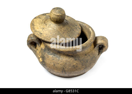 Red clay pot with lid on white background Stock Photo - Alamy