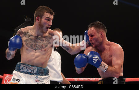 Sam Eggington (left) in action against Glenn Foot for the Vacant British and Commonwealth Welterweight Championship, at the Manchester Arena, Manchester. Stock Photo
