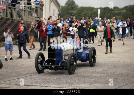 The historic Sunbeam racing car, nicknamed Bluebird once owned by Sir Malcolm Campbell returns to Pendine sands in Wales where Malcom reached 150mph in the 350hp car 90 years ago today. Stock Photo