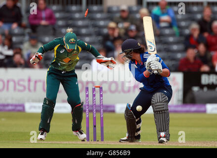 England's Georgia Elwiss is bowled during the second One Day International of the women's Ashes at the Bristol County Ground. Picture date: Thursday July 23, 2015. See PA story CRICKET England Women. Photo credit should read: David Davies/PA Wire. RESTRICTIONS: Editorial Stock Photo